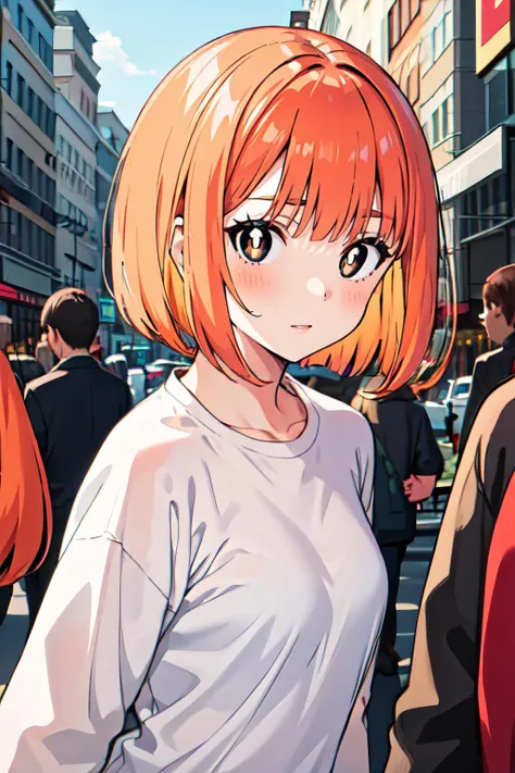 1girl, black eyes, white pupils, bob cut, orange hair, outdoors, in a crowded street, masterpiece, best quality, detailed <lora:McGingerMomV2:0.7>