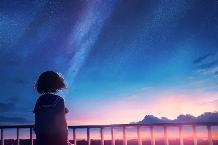 anime,starry sky,1girl,serafuku,from behind,sky,best quality,upper body,masterpiece<lora:mifulu-000010:1>