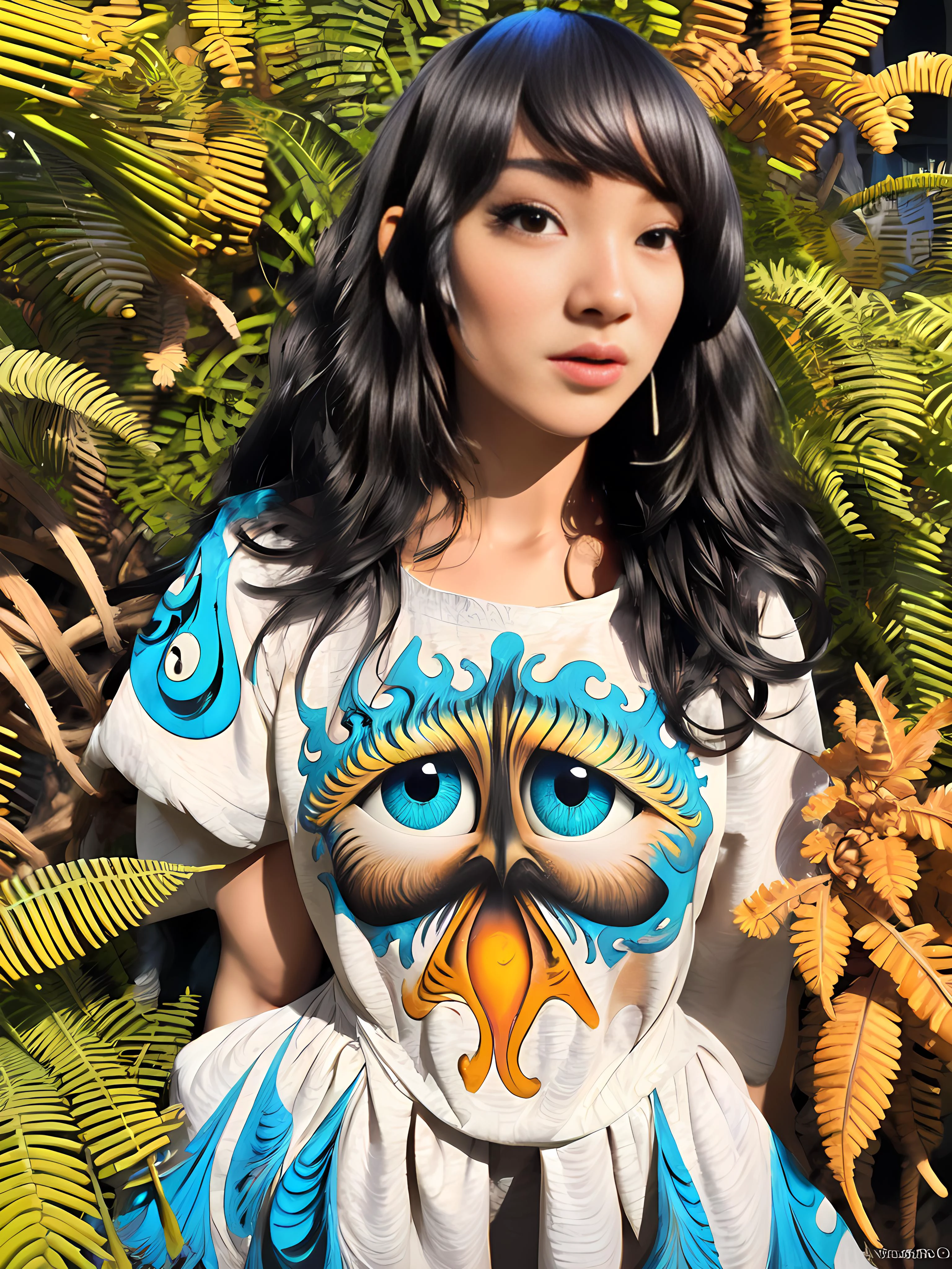 p4a psychedelic 1girl, upper body photo, black hair, blue eyes, green dress , splashed paint, white fractal background, eyeballs in the scenery, <lora:p4a_v1_a-lora-e20:0.8> <lora:Cinna:.9> Cinna