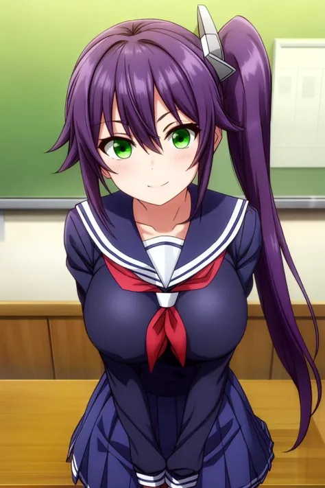 (masterpiece:1.2), (best_quality:1.2), ultra high res, ultra-detailed, 8K, HDR, highres, anime, highly detailed, (best shadow), (absurdres),
BREAK <lora:sagiri ameno s1-lora-nochekaiser:0.5>, sagiri ameno, (large breast:1.2), (perfect proportion:1.2), (narrow waist),
BREAK long hair, hair between eyes, very long hair, (green eyes:1.3), purple hair, side ponytail,
BREAK skirt, school uniform, long sleeves, pantyhose,
BREAK pleated skirt, serafuku, blue skirt, neckerchief, black pantyhose, red neckerchief, thighband pantyhose, blue serafuku,
BREAK close up, upper body, indoors, classroom, smile, from below, captivating pose, looking at viewer, <lora:more_details:0.5>,