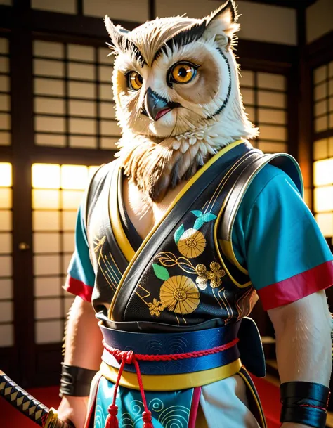 inkpunk, anthropomorphic Siamese owl Samurai, (samurai armor:1.2), Japanese painting style, holding a katana, cinematic lighting, golden ratio, perfect composition, elegant, no crop, 4k, sharp focus, masterpiece, backlight, cinematic, highly detailed, extremely colorful, vibrant, dark, moody lighting. owl Samourai,Masterpiece,best quality,hi res,8k,hi res,8k,award winning,(sharp focus, intricate, highly detailed),