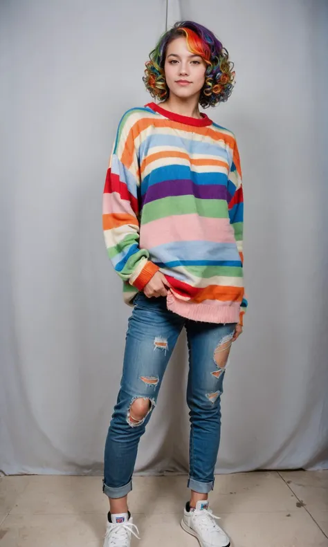 score_9, score_8_up, score_7_up, photo (medium) ,
(realistic:1.2),
realistic, photo, aesthetic erotic photography,
a fitness woman,Stacked Curls in Short Bob,rainbow hair,dressed in a casual oversized sweater with ripped jeans and sneakers,within the halls of eternal echoes,Overdetailed art Best quality ultra sharp intricate details Fine art,Polaroid,studio lighting