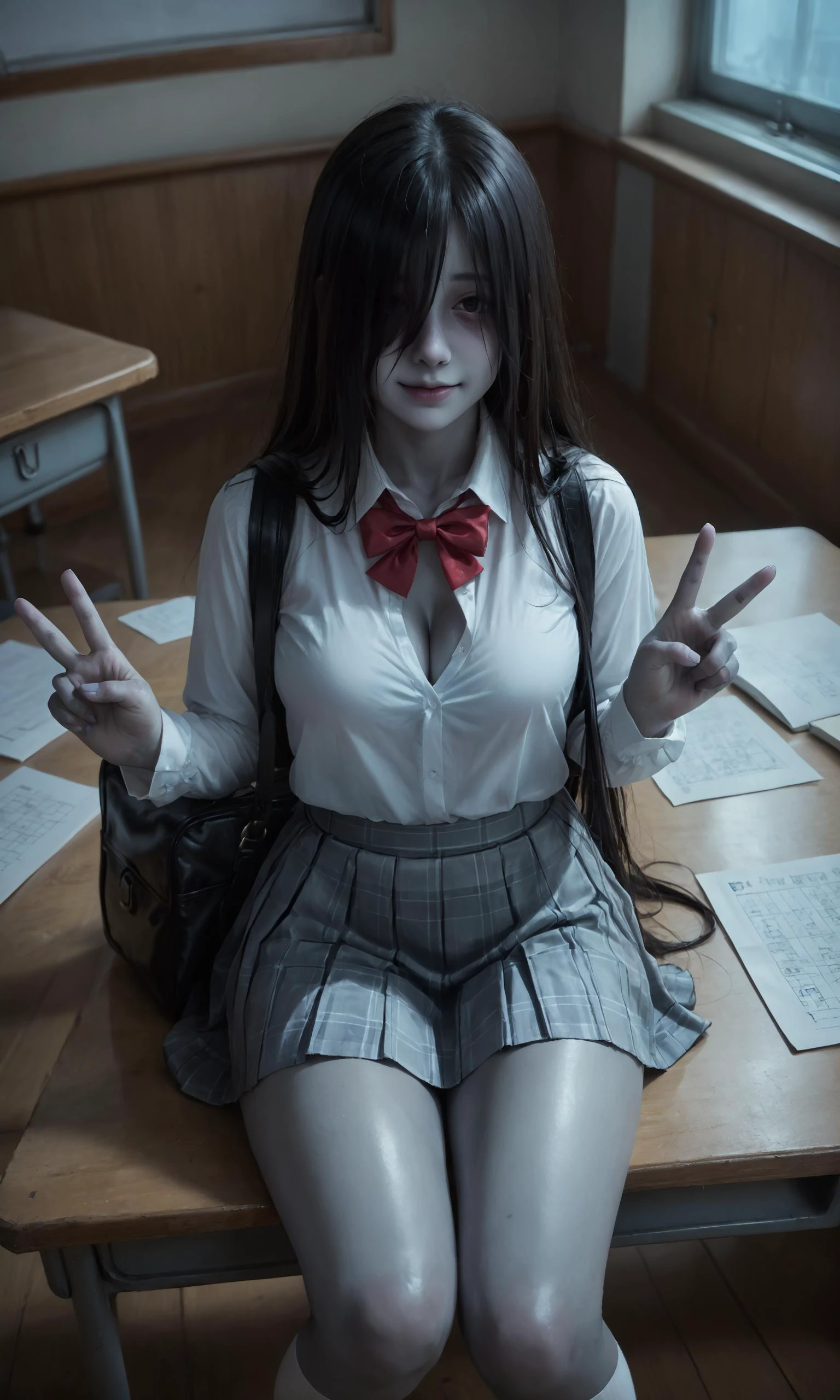score_9, score_8_up, score_7_up, ghstlyCE, spectral, ghostly, high angle view, from above, 1 girl, yamamura Sadako, (grey skin:1.5), colored skin, large breast, large thighs, wide hip, (hair over eyes:1.3), very long hair, , red ribbon tie, long white socks, school bag, brown checkered short skirt, white shirt, cleavage, at classroom, double v hand signs, sitting on the table, feint smile, bottle of juice on table, snacks on the table, night, blue lightings