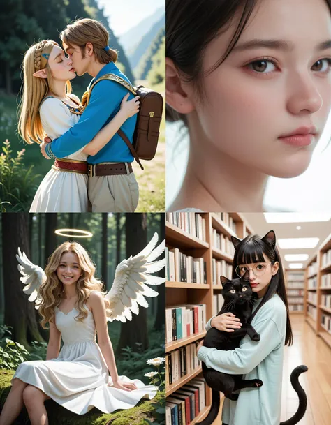 https://civitai.com/articles/5300 ___ All images: score_9, score_8_up, score_7_up ___ 1st image: 1girl, 1boy, Princess_Zelda, \(The_Legend_of_Zelda:_Breath_of_the_Wild\), standing, kiss, hug, closed_eyes ___ 2nd image: 1girl, lovely face, portrait, close-up, looking_at_viewer, closed_mouth ___ 3rd image: 1girl, solo, blonde_hair, wavy_hair, angel, angel_wings, halo, smile, sitting, forest, white_dress ___ 4th Image: 1girl, solo, long_hair, black_hair, blunt_bangs, straight_hair, round_eyewear, cat_girl, cat_ears, cat_tail, standing, hug cat, looking_at_viewer, library