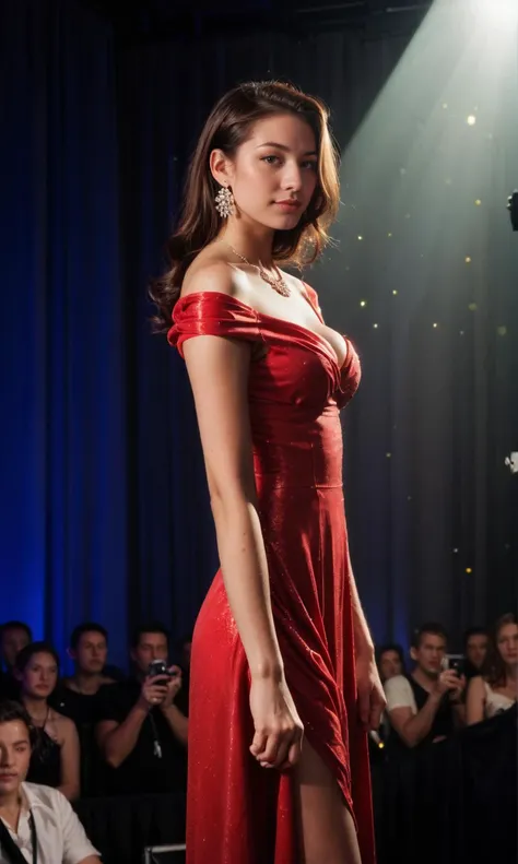 score_9, score_8_up, score_7_up, photo (medium) ,
(realistic:1.2),
realistic, photo, aesthetic erotic photography,
,from_side,looking_at_viewer,full_body,face_focus,
1girl,elegant_dance_posture,(red_dress),very_long_dress,off-shoulder,jewelry,earrings,necklace,hair_ornament,sparkling,glowing,perfect_face,narrow_waist,large_breasts,cleavage,very_long_wave_hair,
stage,light_particles,face_lighting,spotlight_on_the_girl,audience,gorgeous,high_roof