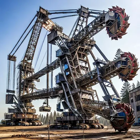 an evil animatron, gigatron, ultra-violent robot, BAGGER293, CREEPY, HORROR, SCARY, BUCKET-WHEEL EXCAVATOR, HEAVY EQUIPMENT, <lyco:Bagger293_v10:1.0>, (desolate scifi evil background:1.2), intricate mechanical parts, insanely exceedingly complex technology, (red:1.5), shiny metal, crimson, action shot <lora:EvilLoRA:1>