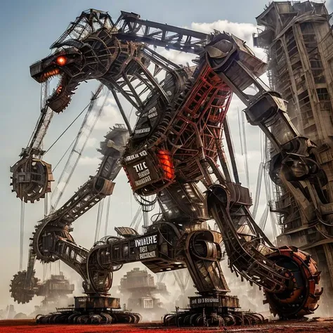 an evil animatron, gigatron, ultra-violent robot, BAGGER293, CREEPY, HORROR, SCARY, BUCKET-WHEEL EXCAVATOR, HEAVY EQUIPMENT, <lyco:Bagger293_v10:0.85>, (desolate scifi evil background:1.2), intricate mechanical parts, insanely exceedingly complex technology, (red:1.5), shiny metal, crimson, action shot <lora:EvilLoRA:1>