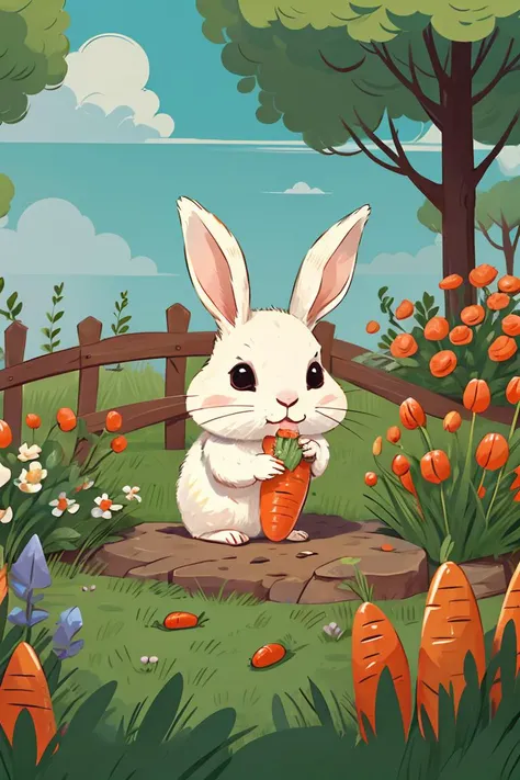 master piece, high quality, A cute little rabbit, eating carrots, in the garden ,<lora:J_illustration:0.8>,chibi,