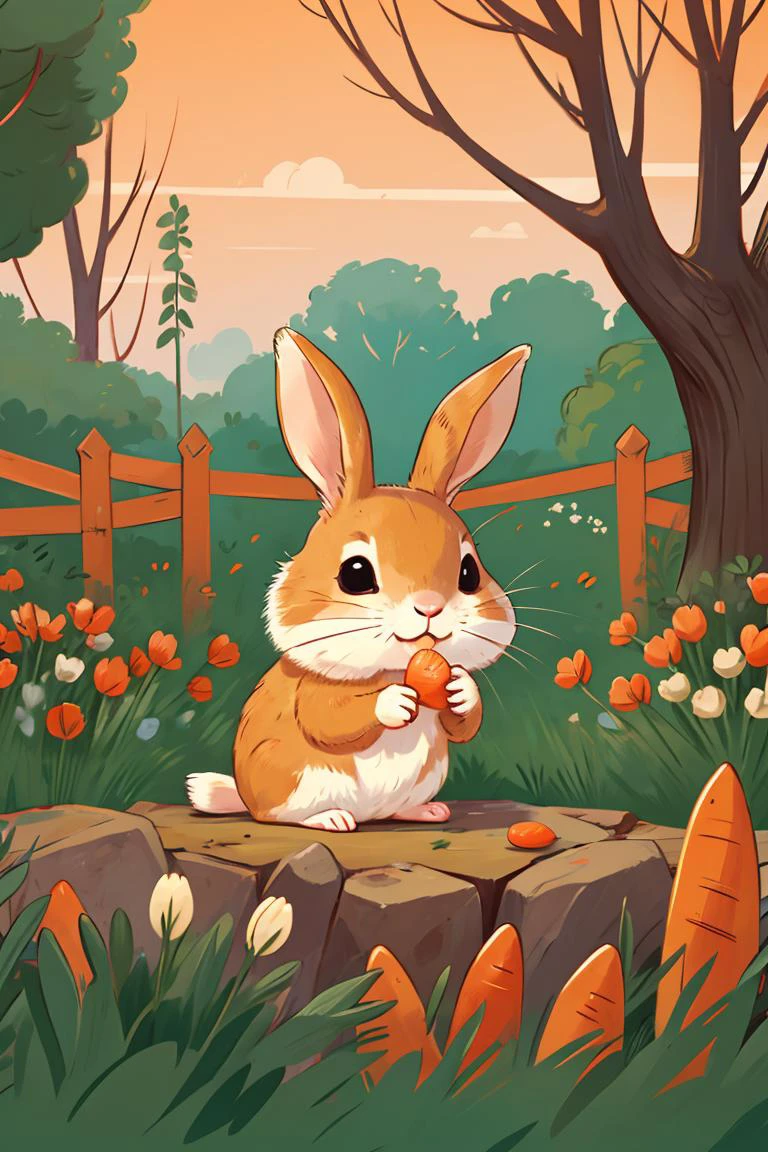 master piece, high quality, A cute little rabbit, eating carrots, in the garden ,<lora:J_illustration:0.8>,chibi,