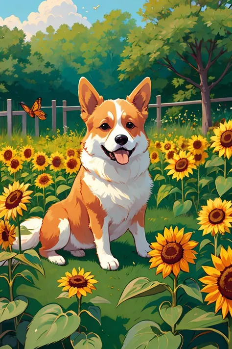 master piece, high quality, a cute Corgi, play in the garden, sunflowers and butterflies,  <lora:J_illustration:0.8>