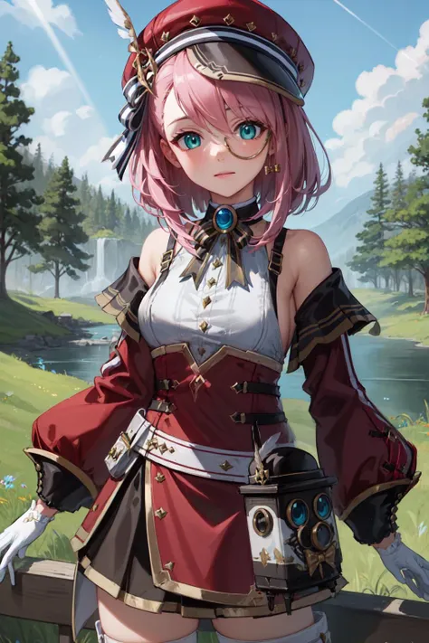 (masterpiece:1.3), (absurdres:1.3), (best quality:1.3), (ultra-detailed:1.3), 1girl, charlotteid, pink hair, hat, gloves, monocle, bare shoulders, green eyes, long sleeves, short hair, detached sleeves, skirt, upper body, looking at viewer, forest, magical tree, sunlight, light ray, waving, <lora:Charlotte-000009:1>