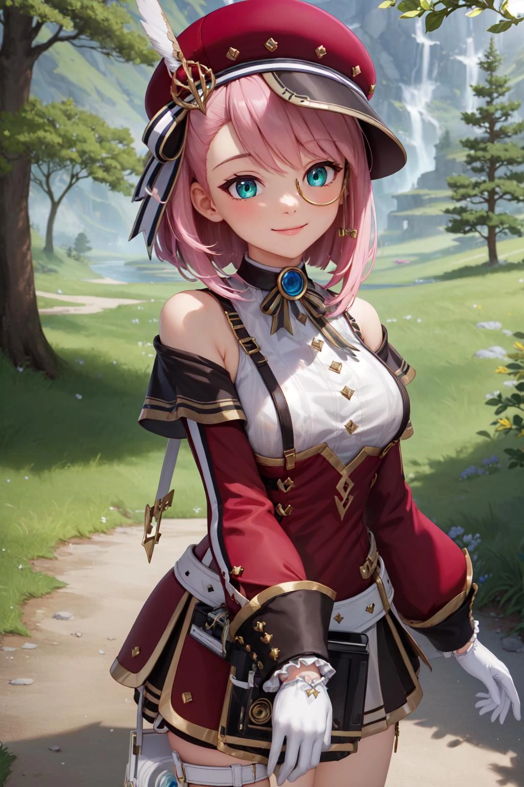 (masterpiece:1.3), (absurdres:1.3), (best quality:1.3), (ultra-detailed:1.3), 1girl, charlotteid, bright smile, pink hair, hat, gloves, monocle, bare shoulders, green eyes, long sleeves, short hair, detached sleeves, skirt, upper body, looking at viewer, forest, magical tree, sunlight, light ray, dynamic pose, <lora:Charlotte-000008:1>
