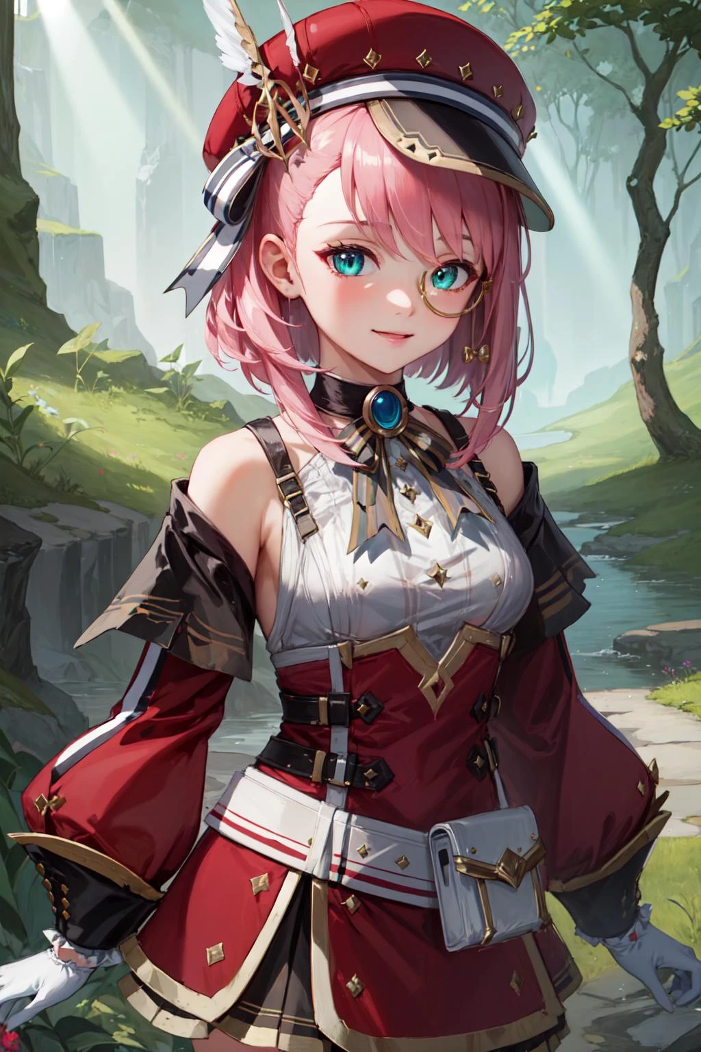 (masterpiece:1.3), (absurdres:1.3), (best quality:1.3), (ultra-detailed:1.3), 1girl, charlotteid, bright smile, pink hair, hat, gloves, monocle, bare shoulders, green eyes, long sleeves, short hair, detached sleeves, skirt, upper body, looking at viewer, forest, magical tree, sunlight, light ray, dynamic pose, <lora:Charlotte-000009:1>