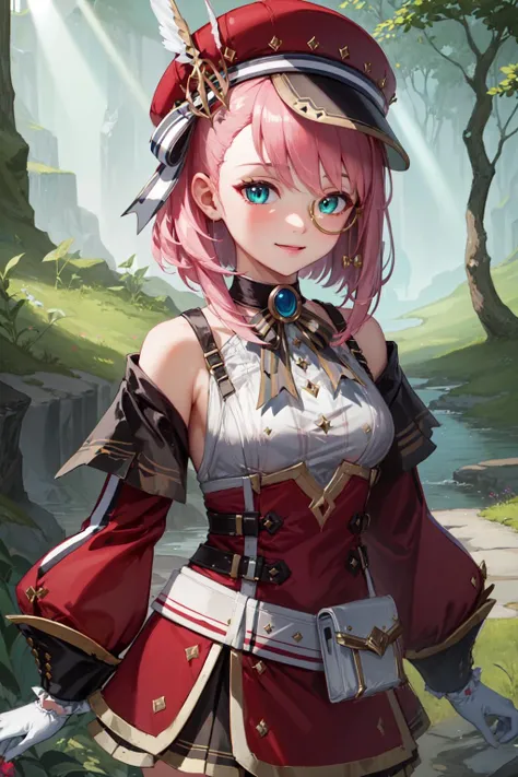 (masterpiece:1.3), (absurdres:1.3), (best quality:1.3), (ultra-detailed:1.3), 1girl, charlotteid, bright smile, pink hair, hat, gloves, monocle, bare shoulders, green eyes, long sleeves, short hair, detached sleeves, skirt,  upper body, looking at viewer, forest, magical tree, sunlight, light ray, dynamic pose, <lora:Charlotte-000009:1>