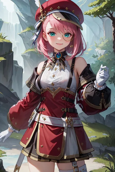 (masterpiece:1.3), (absurdres:1.3), (best quality:1.3), (ultra-detailed:1.3), 1girl, charlotteid, bright smile, pink hair, hat, gloves, monocle, bare shoulders, green eyes, long sleeves, short hair, detached sleeves, skirt, upper body, looking at viewer, forest, magical tree, sunlight, light ray, <lora:Charlotte-000009:1>