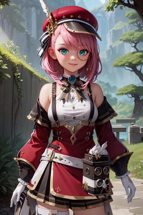 (masterpiece:1.3), (absurdres:1.3), (best quality:1.3), (ultra-detailed:1.3), 1girl, charlotteid, bright smile, pink hair, hat, gloves, monocle, bare shoulders, green eyes, long sleeves, short hair, detached sleeves, skirt,  upper body, looking at viewer, forest, magical tree, sunlight, light ray, <lora:Charlotte-000009:1>