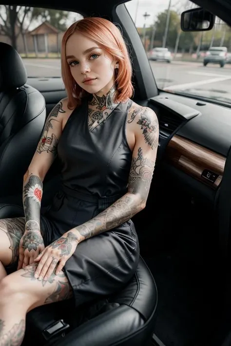 SGShkurushkain lots of tattoos tattooed wearing jumpsuit in car, <lora:SGShkurushka_198800:0.55>