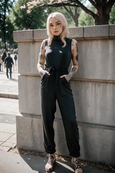 SGShkurushkain lots of tattoos tattooed wearing a jumpsuit in the city park, <lora:SGShkurushka_198800:0.55>