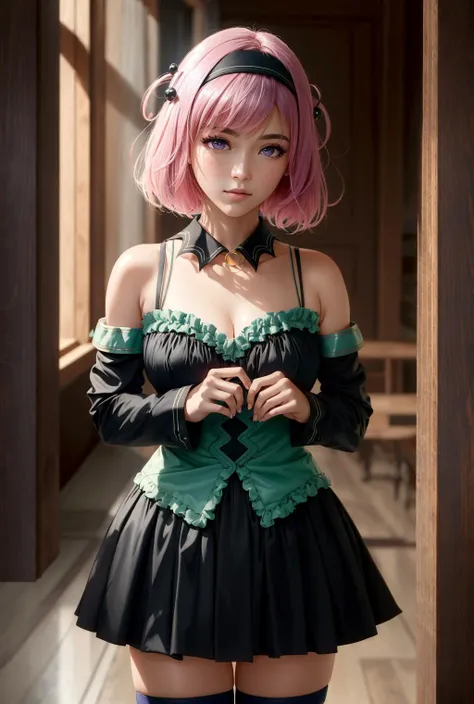 "((Momo Deviluke))14 years old, in realistic style, Mint Colored Lingerie with Garters and Corset, cinematic atmosphere, soft focus, ethereal glow, carefully posed, high resolution, mesmerizing details"demon tail,momo deviluke, demon tail, hair flower, hair ornament, (purple eyes:1.1), pink hair, short hair, tail,