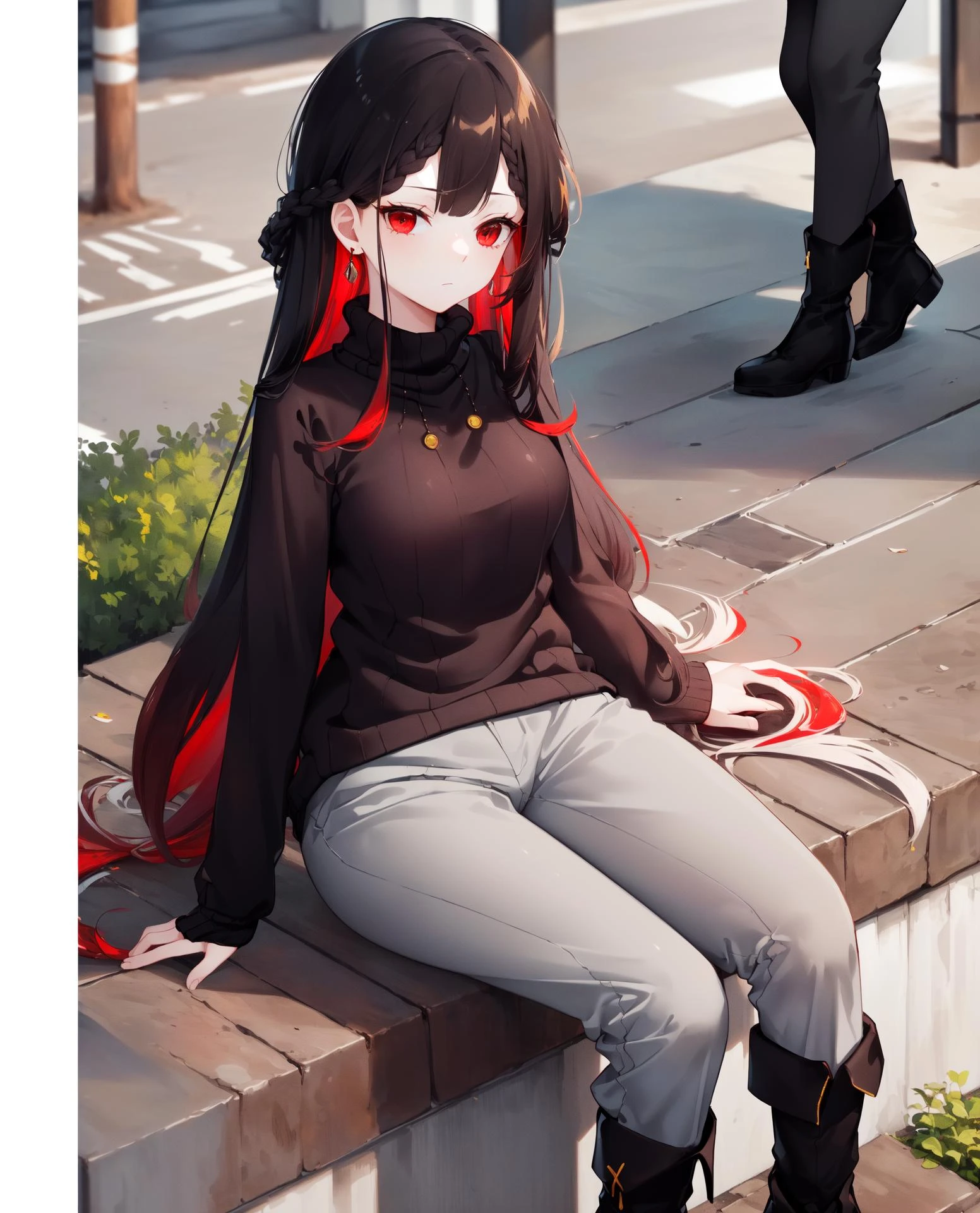 ((masterpiece, best quality, high detailed:1.2)), 8k uhd, 1girl, slender, solo, petite, <lora:MushokuKikaV1-07:0.7>, kika gakuen, ((closed mouth:1.2)), (medium breasts), very long hair, ((multicolored hair, black hair, red hair)), ((black sweater, grey pants, ankle boots:1.4)), outdoors, ((city alley, steps, sitting, facing viewer:1.2)), daylight