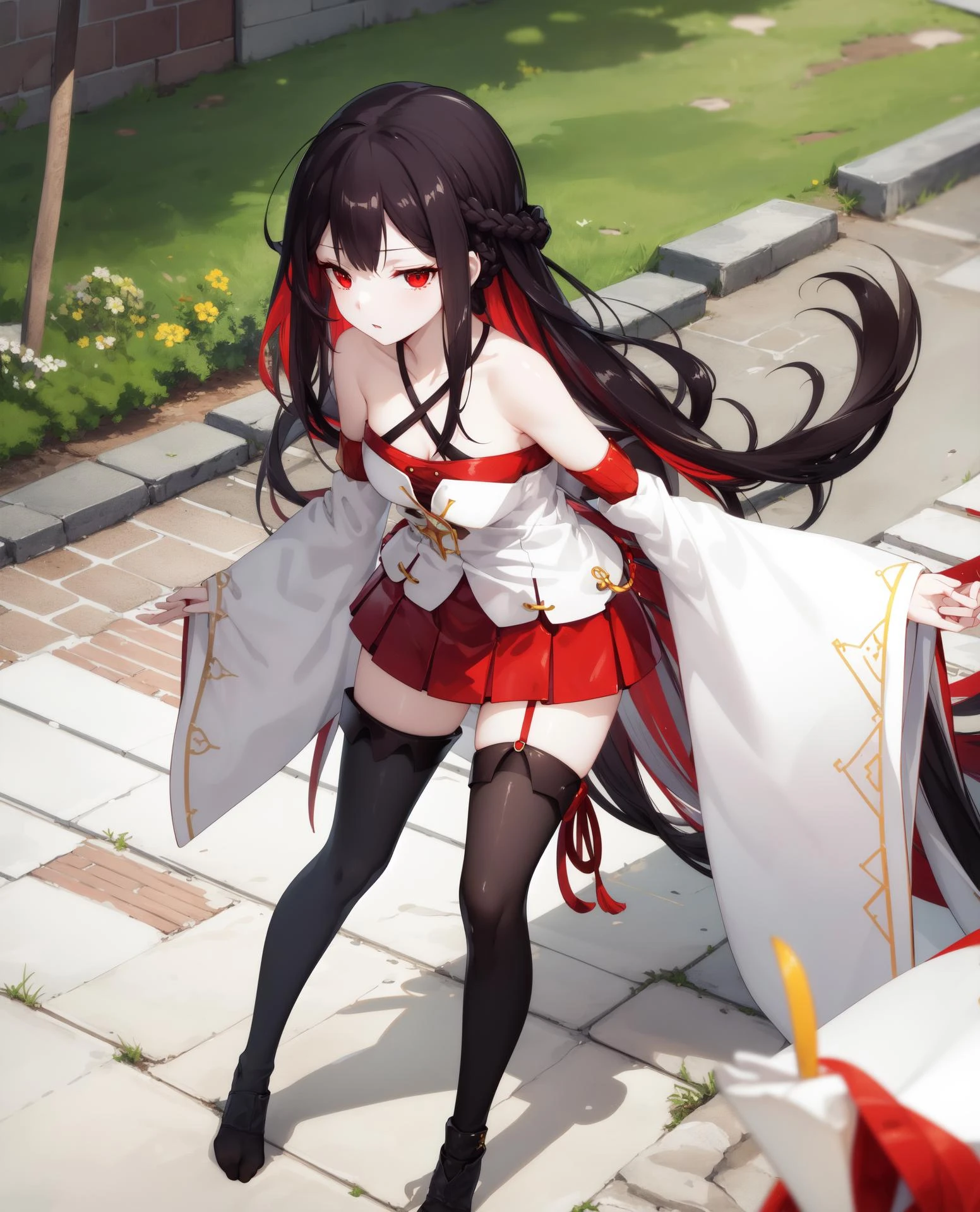 ((masterpiece, best quality, high detailed:1.2)), 8k uhd, 1girl, slender, solo, <lora:MushokuKikaV1-07:0.7>, kika gakuen, ((parted lips:1.2)), collarbone, (medium breasts), very long hair, ((multicolored hair, black hair, red hair)), ((dress, miniskirt, detached sleeves, thighhighs:1.4)), outdoors, forest, ((facing viewer, full body:1.2)), daylight, criss-cross halter, petite