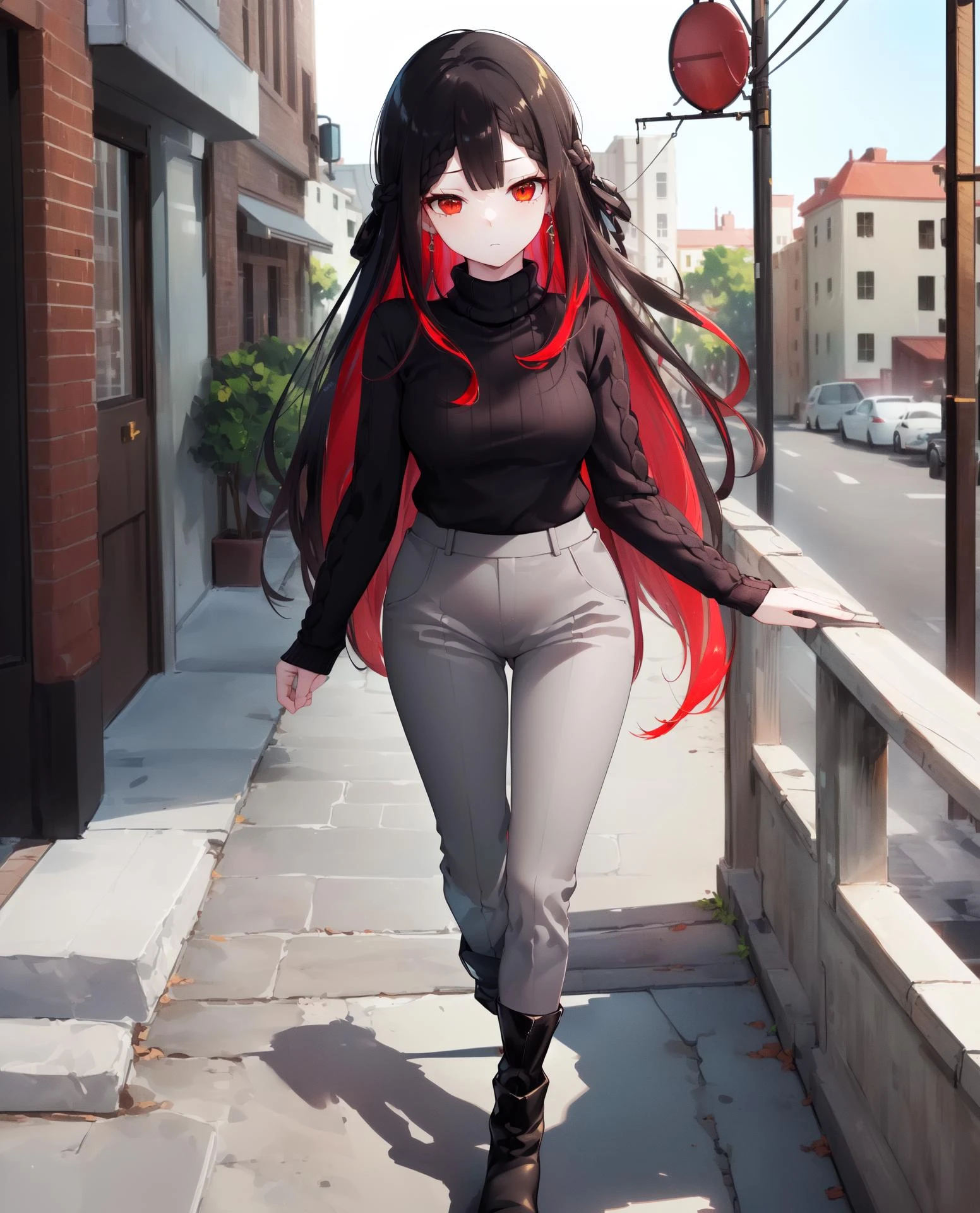 ((masterpiece, best quality, high detailed:1.2)), 8k uhd, 1girl, slender, solo, petite, <lora:MushokuKikaV1-07:0.7>, kika gakuen, ((closed mouth:1.2)), (medium breasts), very long hair, ((multicolored hair, black hair, red hair)), ((black sweater, grey pants, ankle boots:1.4)), outdoors, ((city alley, steps, standing:1.2)), daylight, ((frontal:1.4))