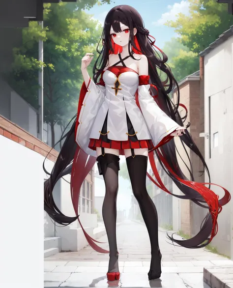 frolaytiacapistrano, frolaytia capistrano, long hair, bangs, hair ornament, (purple eyes:1.3), white hair, hair bun, single hair bun,
BREAK (konekouniform, , white shirt, skirt, red skirt, black ribbon, masterpiece, black corset, kneehighs, black socks:1.2),
BREAK smile,outdoors, city, walking, from behind looking at viewer, pov(from below),
BREAK (art: 1.2), best quality, high resolution, 8k unitary, (illustration: 0.8), (beautiful detailed eyes: 1.6), extremely detailed face, perfect lighting, extremely detailed in CG, (perfect hands, perfect anatomy),