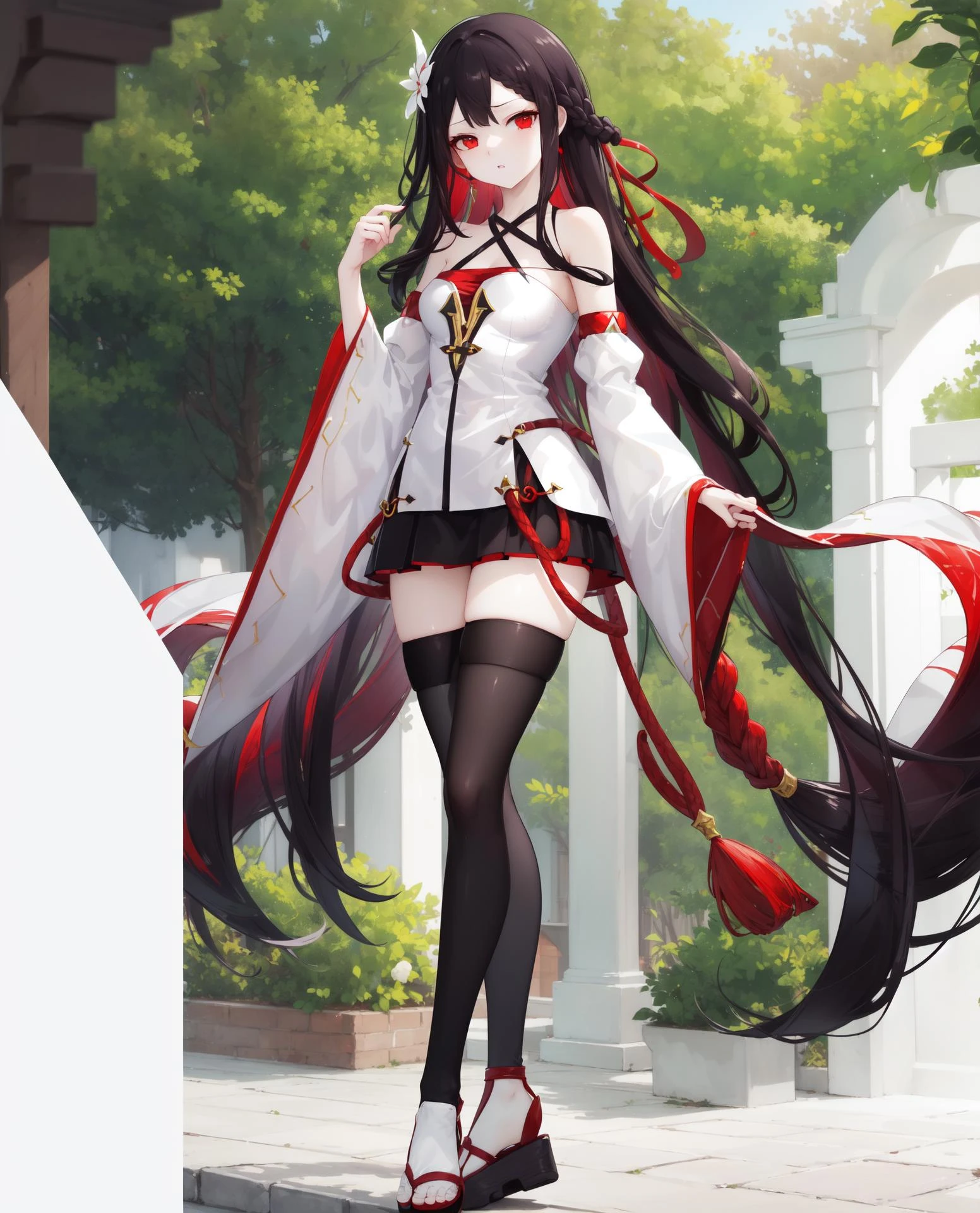 ((masterpiece, best quality, high detailed:1.2)), 8k uhd, 1girl, slender, solo, <lora:MushokuKikaV1-07:0.7>, kika gakuen, ((parted lips:1.2)), collarbone, (medium breasts), very long hair, ((multicolored hair, black hair, red hair)), ((dress, black miniskirt, detached sleeves, white thighhighs, asymmetrical legwear, sandals:1.4)), outdoors, forest, ((facing viewer, full body:1.2)), daylight, criss-cross halter, petite