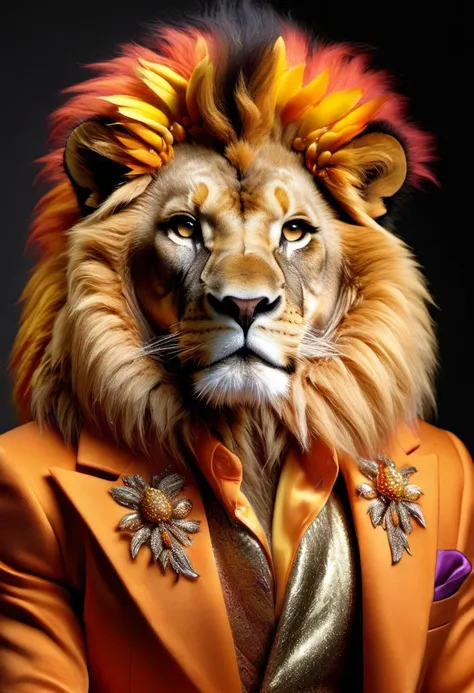 photorealistic portait of Dressed animals - a gay lion, flaming, high quality, highly detailed, studio lighting, <lora:more_details:0.55> <lora:Dressed animals:1>