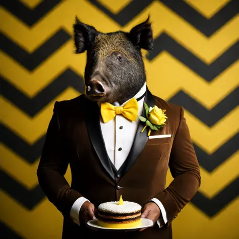 <lora:dressedAnimalsLora_v21:0.8> a boar in a yellow stripped tuxedo, eating a cake