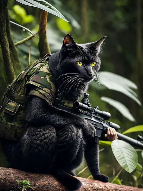 <lora:AnimalClothes:1> sharp focus, (8k uhd:0.5), ultra-detailed, long shot, a male black cat sitting on a log in a jungle, wearing camouflage suit of a sniper, the sniper rifle on his knees