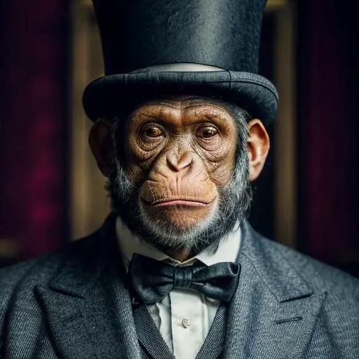 a chimp as employes fastfood resto, wonderful masterpiece highly detailed, beautiful cinematic light deep focus, elegant, digital painting, smooth, sharp focus, golden ratio, dramatic illumination, ultra realistic, 8k, art by jimmy law, photography, <lora:AnimalClothes:0.75> focus, blur, , realistic, (chimp:1.3), , Collar, victorian ,(long bulky hair:1.4), finest fabrics,tailored, coat, wide and puffed, top hat, very fat, big head, abstract, (best quality:1.3), ((masterpiece)), ((realistic)) , ,ankymoore, absurdres, intricate details, bloom, backlighting,, dramatic lighting film grain, 85mm, focus, <lora:ankymoore:0.0> <lora:add_detail:0.25> <lora:LowRA:0.6> <lora:lightV1:0.5> <lora:GPTS3 animals_258424:0.4> <lora:AnimalClothes:0.5> <lora:anmen:0.6>, <lora:vodka_v4_portraits:0.4> sony a7 4, 85mm 1.2 Gmaster,