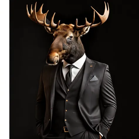 <lora:dressedAnimalsLora_v21:0.8> a moose, in a cool black suit, holding a glass of whiskey in hands, cigar on the other hand