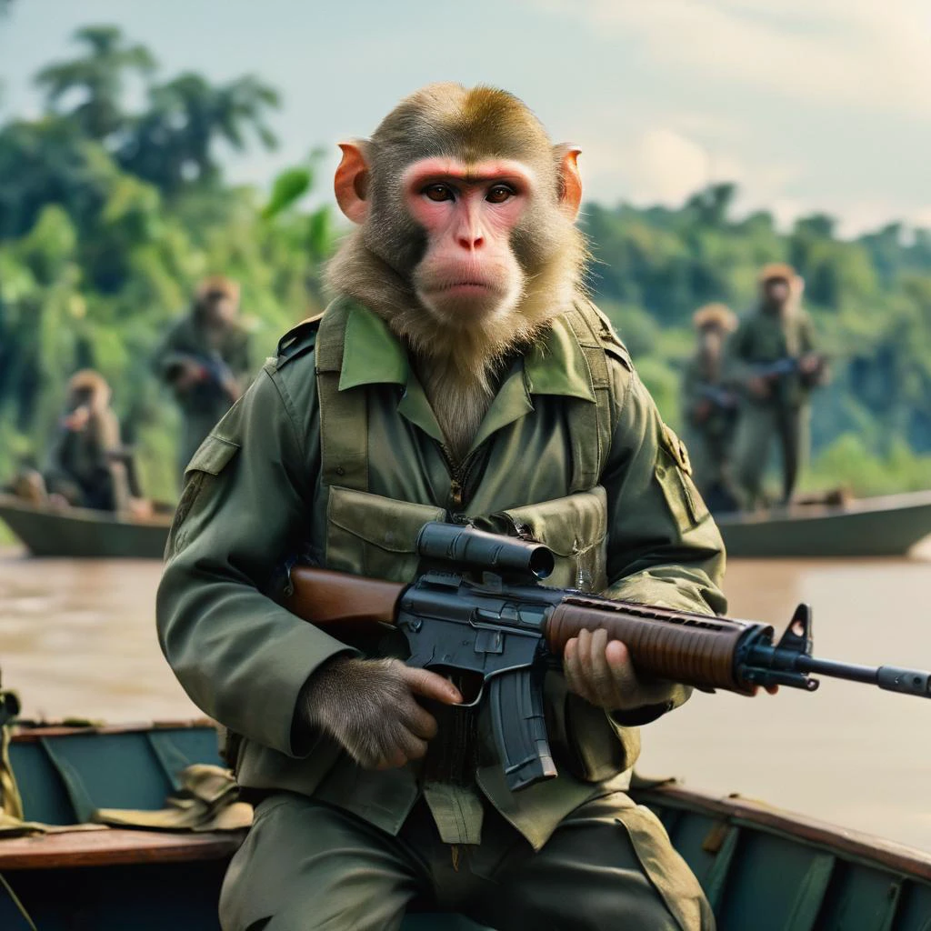 cinematic still, macaque, in camo uniform with gun, in boat on the mekong river <lora:Dressed animals:1>
