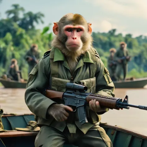 cinematic still,  macaque, in camo uniform with gun, in boat on the mekong river <lora:Dressed animals:1>