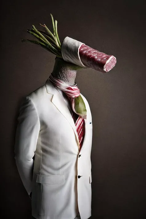 a photo of a (salami:1.2) wearing a white suit, <lora:dressedAnimalsLora_v10:1>