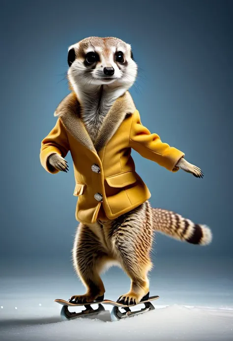 photorealistic portait of Dressed animals - a Meerkat ice skater, skating on ice, high quality, highly detailed, studio lighting, <lora:more_details:0.55> <lora:Dressed animals:1>