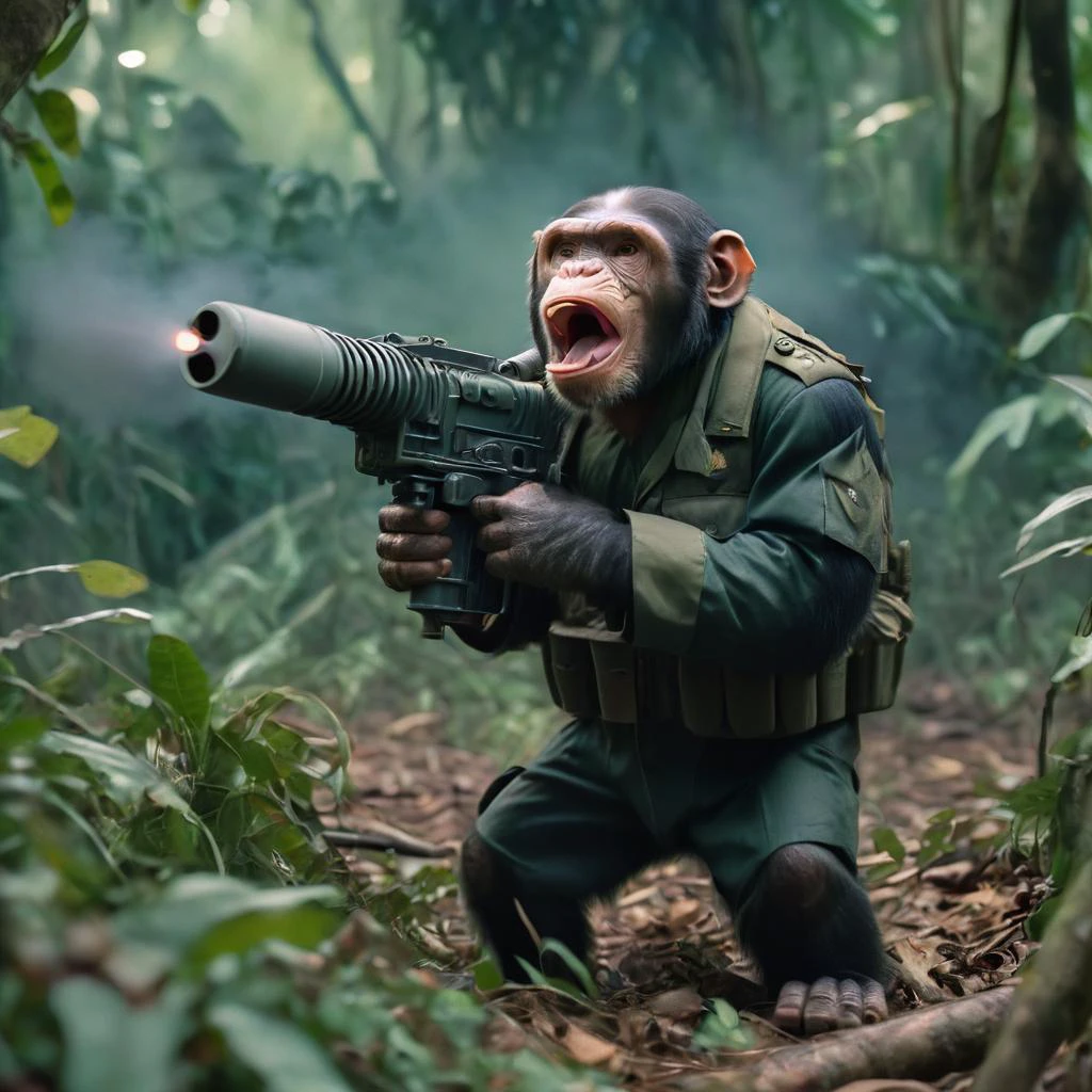 cinematic still, chimpanzees, mouth open, in camo uniform shooting (((minigun))), in jungle <lora:Dressed animals:1>