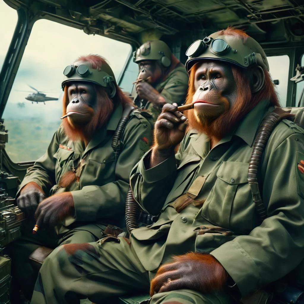 cinematic still, orangutans, smoking cigar, in ((camo uniform)), machine gun, in helicopter <lora:Dressed animals:1>