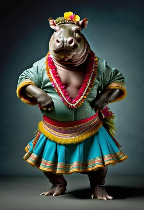 photorealistic portait of Dressed animals - a hippopotamus hula dancer, high quality, highly detailed, studio lighting, <lora:more_details:0.55> <lora:Dressed animals:1>