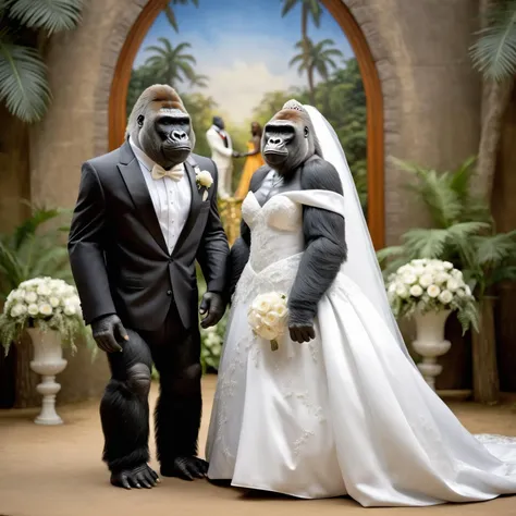 (masterpiece:1.2), best quality,Dressed animals, 2gorillas, a life size ultra realistic gorilla wearing a tuxedo and another gorilla wearing a white wedding dress,stood at the alter<lora:Dressed_animals:1>