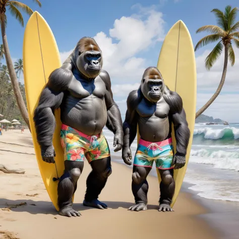 (masterpiece:1.2), best quality,Dressed animals, 2gorillas, a life size ultra realistic gorilla wearing board shorts and another gorilla wearing a bikini,stood with their surfboards on a tropical beach<lora:Dressed_animals:1>