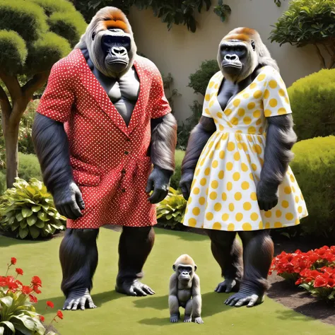 (masterpiece:1.2), best quality,Dressed animals, 2gorillas, a life size ultra realistic gorilla wearing a red and white polka dot dress and another gorilla wearing a yellow and white polka dot dress, stood in the garden <lora:Dressed_animals:1>