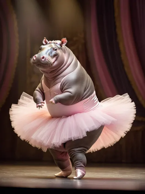 (masterpiece:1.2), best quality,Dressed animals, hefty frame of a hippopotamus wearing a delicate ballerina tutu and leotard, stood on stage <lora:Dressed_animals:1>