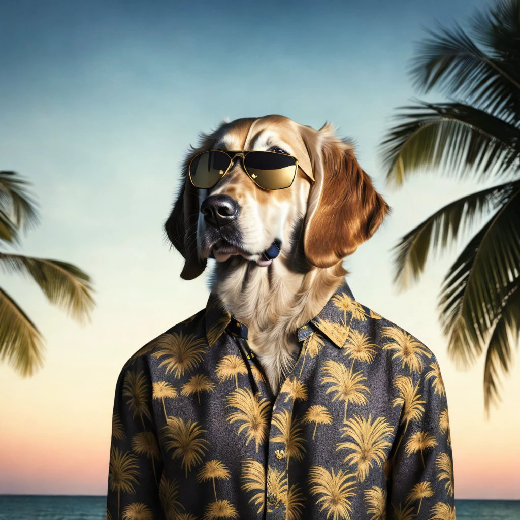 <lora:dressedAnimalsLora_v21:0.8> a Golden Retriever in palm tree patterned shirt, medium long shot, vintage Aviator glasses