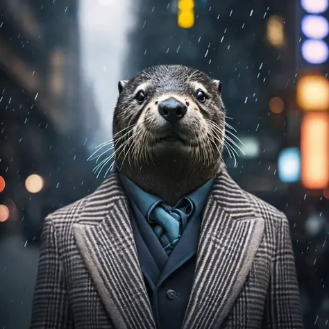 <lora:dressedAnimalsLora_v21:0.8> an otter in a suit coat in a rainy blade runner street