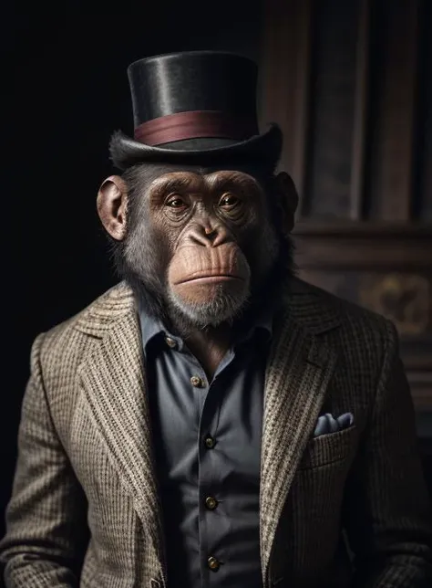 focus, blur,
, realistic, (chimp:1.3),
, Collar, victorian ,(long bulky hair:1.4), finest fabrics,tailored, coat, wide and puffed, top hat, very fat, big head,
abstract, (best quality:1.3), ((masterpiece)), ((realistic)) , ,ankymoore, absurdres, intricate details, bloom, backlighting,, dramatic lighting
film grain, 85mm, focus,
<lora:ankymoore:0.0> <lora:add_detail:0.25>
<lora:LowRA:0.6> <lora:lightV1:0.5> <lora:GPTS3 animals_258424:0.4> <lora:AnimalClothes:0.5>
<lora:anmen:0.6>