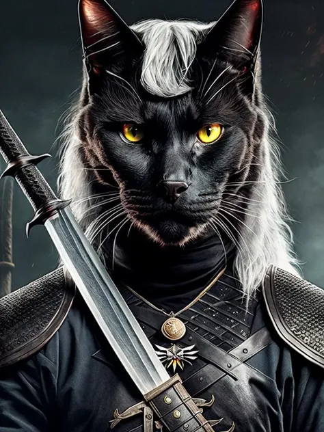 <lora:AnimalClothes:1> sharp focus, (8k uhd:0.5), ultra-detailed, long shot, close frontal view, a male black cat wearing the uniform and the sword of the witcher