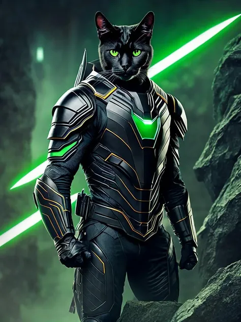 <lora:AnimalClothes:1> sharp focus, (8k uhd:0.5), ultra-detailed, long shot, a male black cat wearing the battle suit and the weapons of a green barret