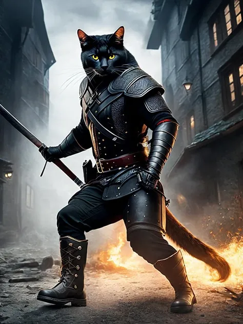 <lora:AnimalClothes:1> sharp focus, (8k uhd:0.5), ultra-detailed, long shot, a male black cat wearing the uniform and the weapons and the boots of the witcher, fighting against a huge rat